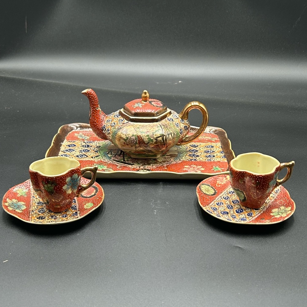 Vintage hexagon moriage teapot decorated with birds, Asian tea set, chinoiserie